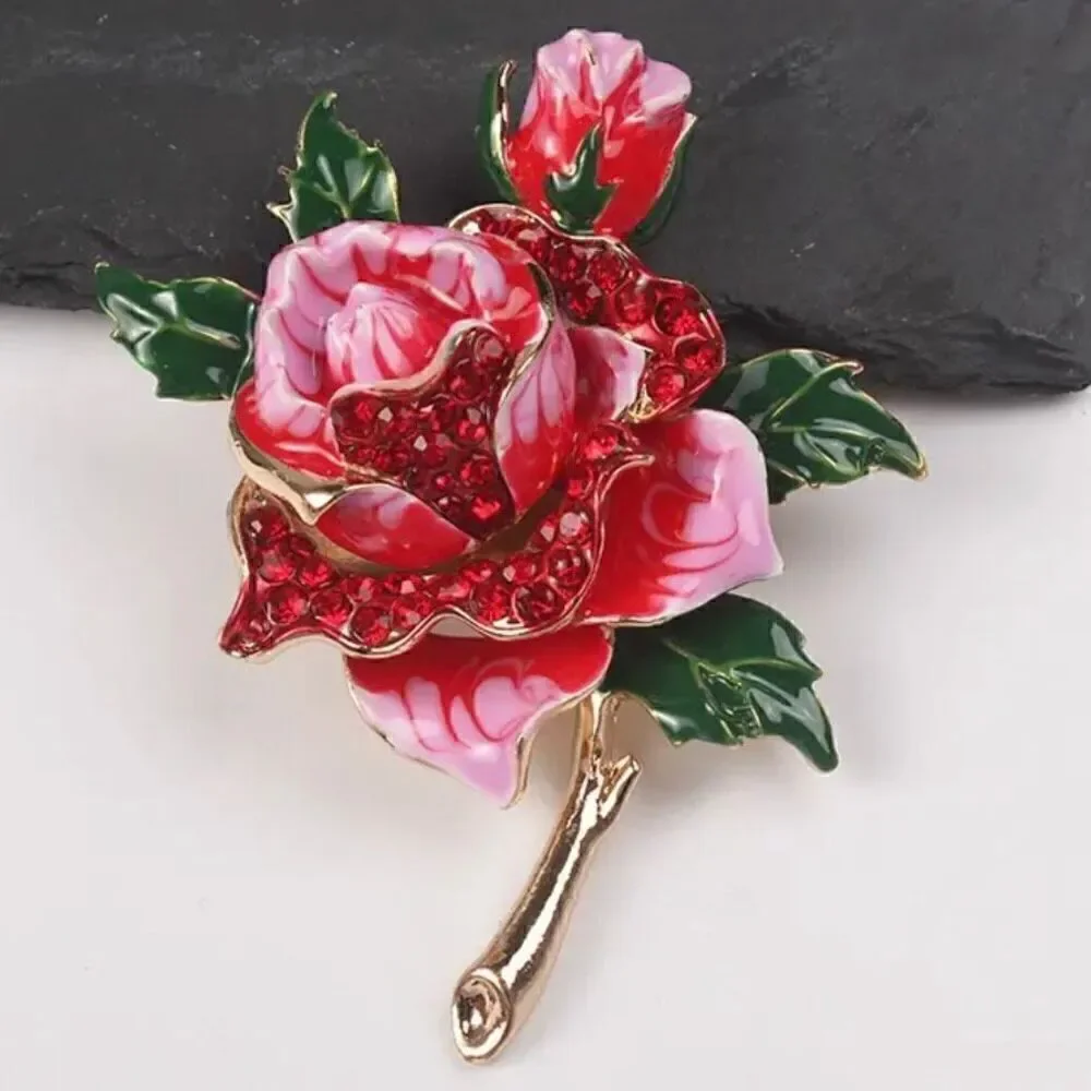 Crystal Rhinestone Rose Brooch Womens Large Enamel Fashion Floral Pin New